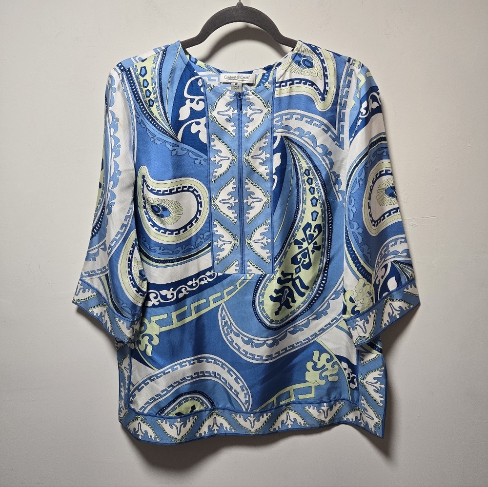 Coldwater Creek Silk Blouse Size Petite Medium Blue Green Paisley Summer